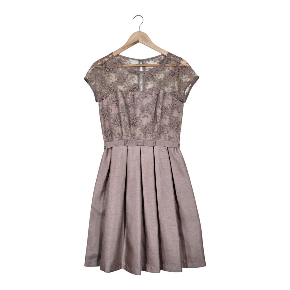 Just Taylor Dress 4 Taupe Lace Illusion Fit Flare Pleated Cocktail Wedding Guest